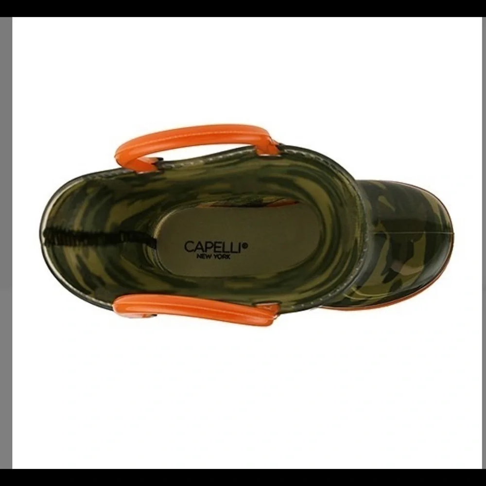 Camouflage and orange kids rain boots. New size 7